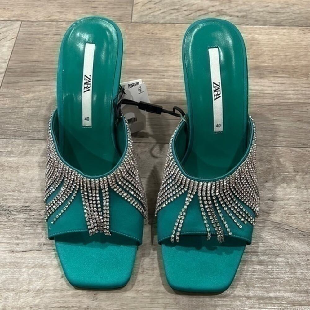 Zara Rhinestone Fringe Mule Heels Green Statement Sandals NWT - Picture 10 of 16